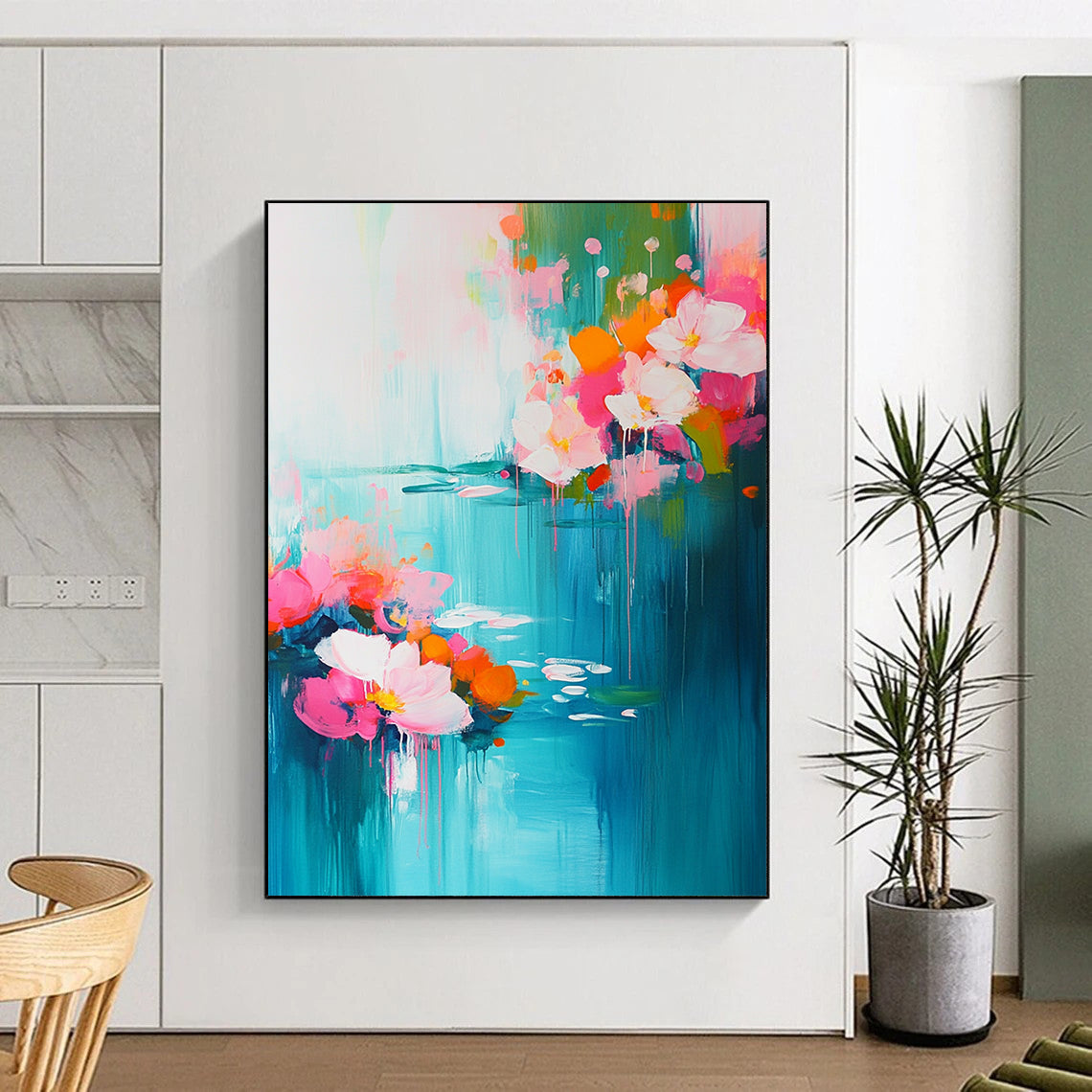 Contemporary abstract artwork featuring vibrant pink and turquoise flowers with serene water lilies, evoking springtime essence through soft brushstrokes and depth. DLZ0378