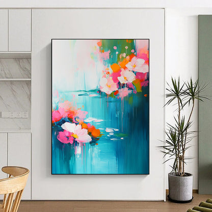 Contemporary abstract artwork featuring vibrant pink and turquoise flowers with serene water lilies, evoking springtime essence through soft brushstrokes and depth. DLZ0378