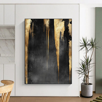 Black, Gray & Gold Dripping Panels - “Monochrome Gilded Falls” Painting On Canvas HB199