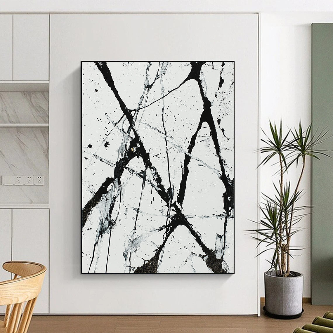 Black, White, Gray, Web - like Lines "Chaotic Web" Abstract Expressionist Painting On Canvas HB046