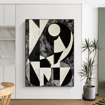 Black, White and Gray Geometric Abstraction "Monochrome Maze" Painting On Canvas HB392