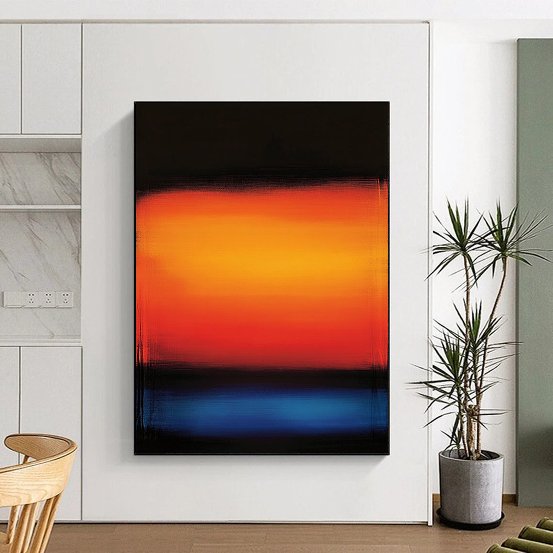 Bold contemporary hand-painted abstract artwork with a serene orange and blue gradient background and glowing shades of red and blue. DLZ1157