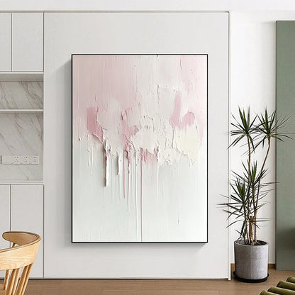 Contemporary abstract painting featuring soft pink and cream hues on a textured white canvas, minimalist design with dreamy aesthetic and large negative space. DLZ0690