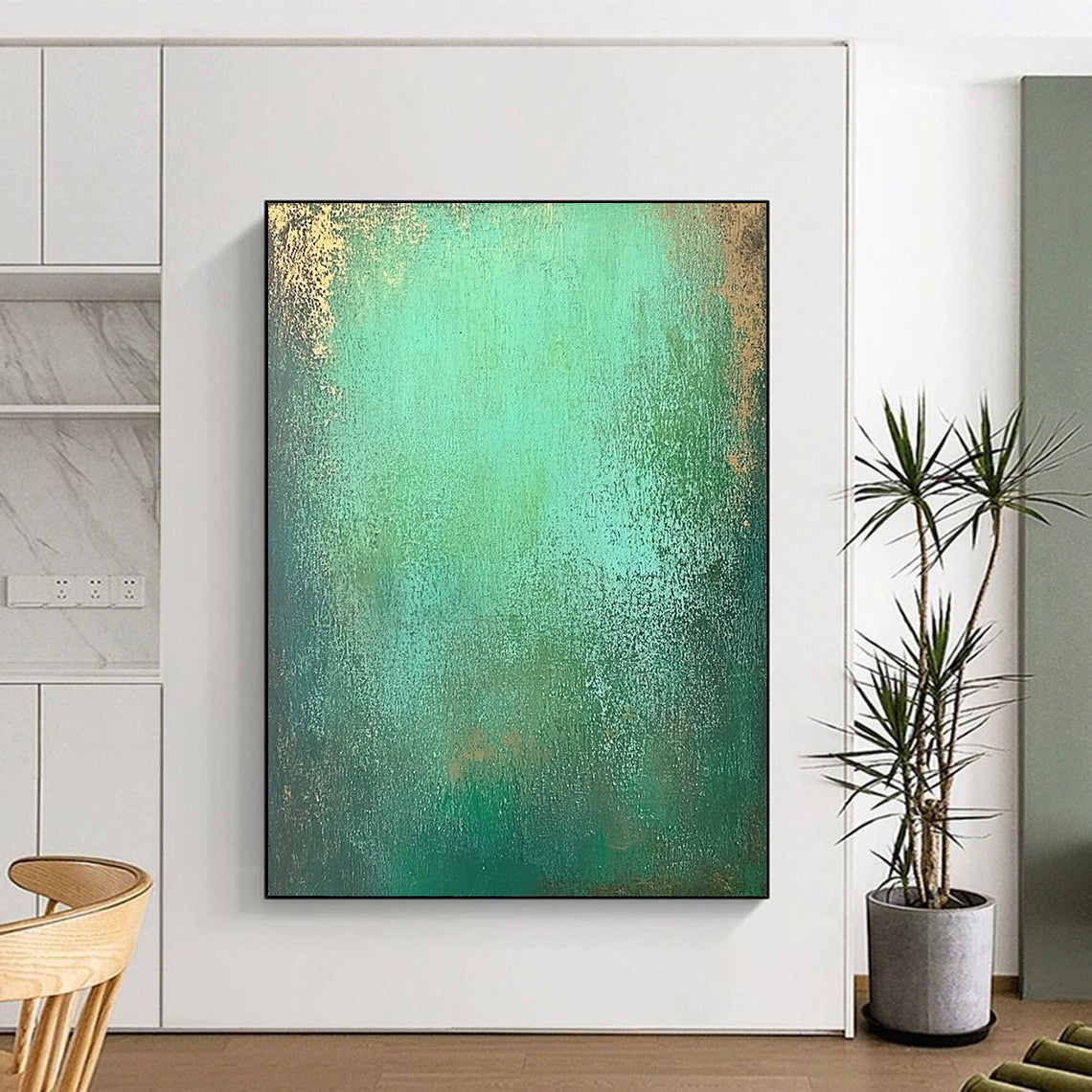 Contemporary hand-painted abstract art features an emerald green gradient with textured layers of seafoam and hints of shimmering gold for depth. DLZ1293