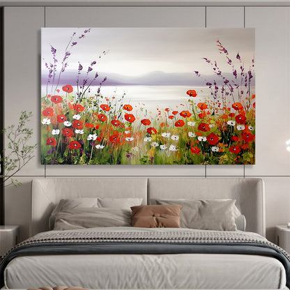 “Poppy Lake Serenity” - Red poppies, purple hills, blue lake, Idyllic Landscape Painting On Canvas HB0582