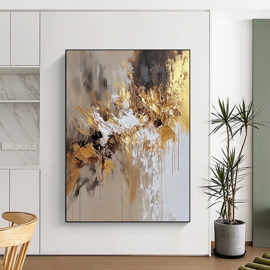 Contemporary hand-painted abstract art featuring beige and white hues with golden accents, perfect for modern aesthetic spaces. DLZ0729