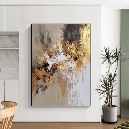 Contemporary hand-painted abstract art featuring beige and white hues with golden accents, perfect for modern aesthetic spaces. DLZ0729