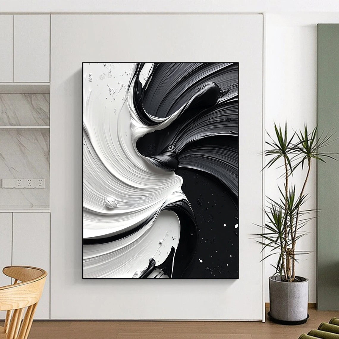 Large contemporary abstract painting featuring a dynamic swirl of white and black paint that enhances depth and elegance in any space. DLZ1476