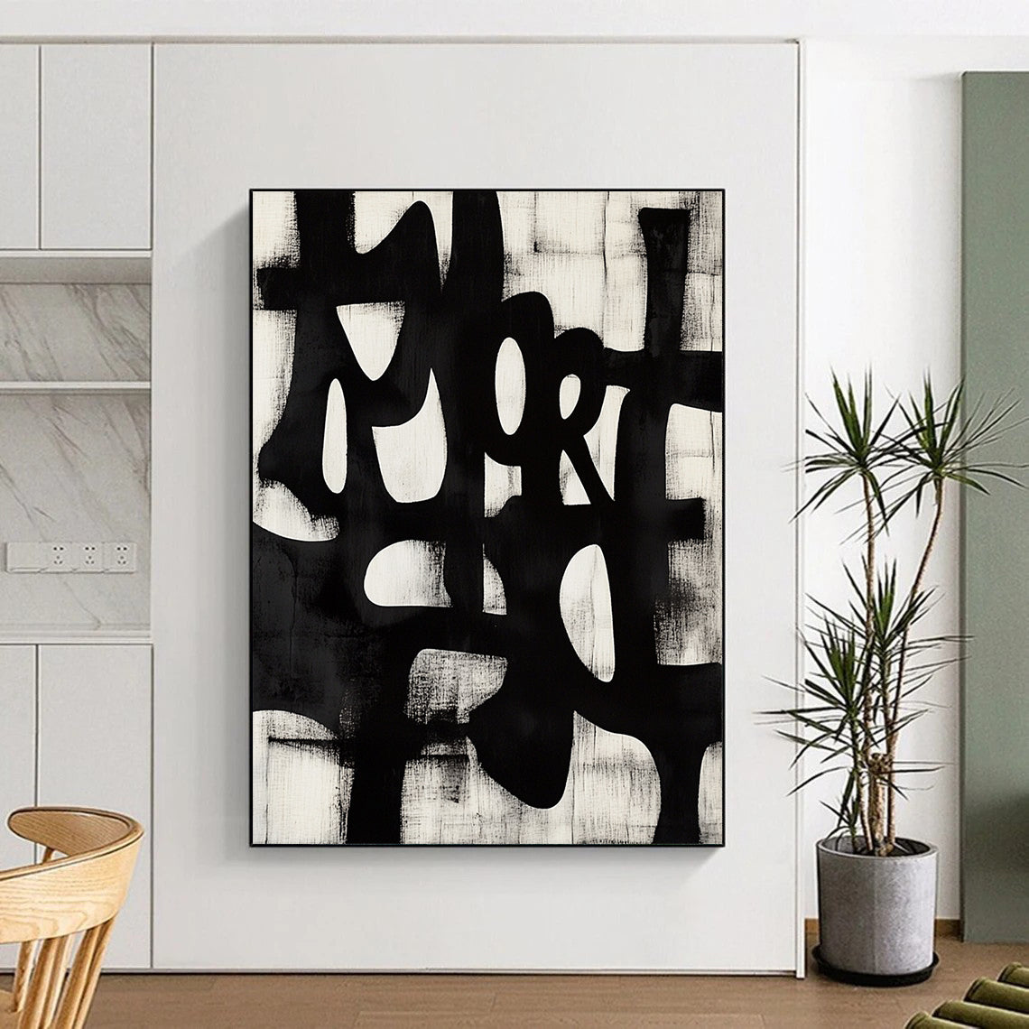 Large contemporary abstract art features bold brush strokes of "MORE" in dynamic Chinese calligraphy style set against a unique geometric background. DLZ1145