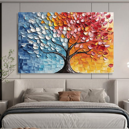 “Split - Color Textured Tree” - Blue, Orange, Red, Yellow, Textured Tree Silhouette - Palette Knife Acrylic Painting HB1638