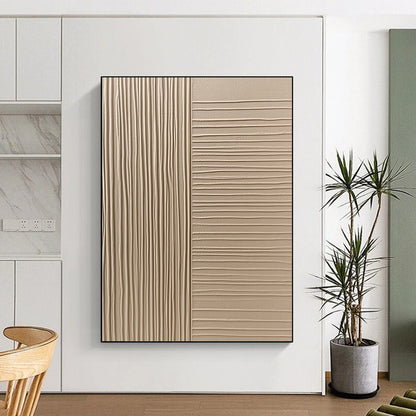 Contemporary hand-painted abstract art features beige wall cladding with smooth textured panels showcasing vertical grooves and flat surfaces for a sophisticated aesthetic. DLZ1532