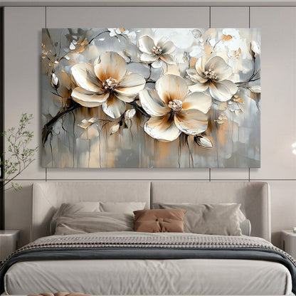 “Beige - Gray Floral Blooms” - Beige, Gray, White, Textured Floral Blooms - Impasto Oil Painting HB1783