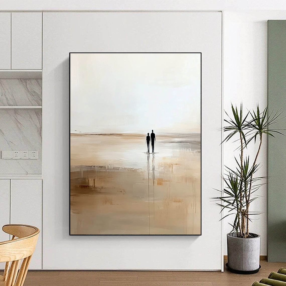 Contemporary abstract artwork depicting two figures strolling on the beach in soft beige and white hues creating a serene minimalist ambiance. DLZ0663