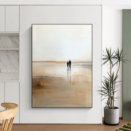 Contemporary abstract artwork depicting two figures strolling on the beach in soft beige and white hues creating a serene minimalist ambiance. DLZ0663