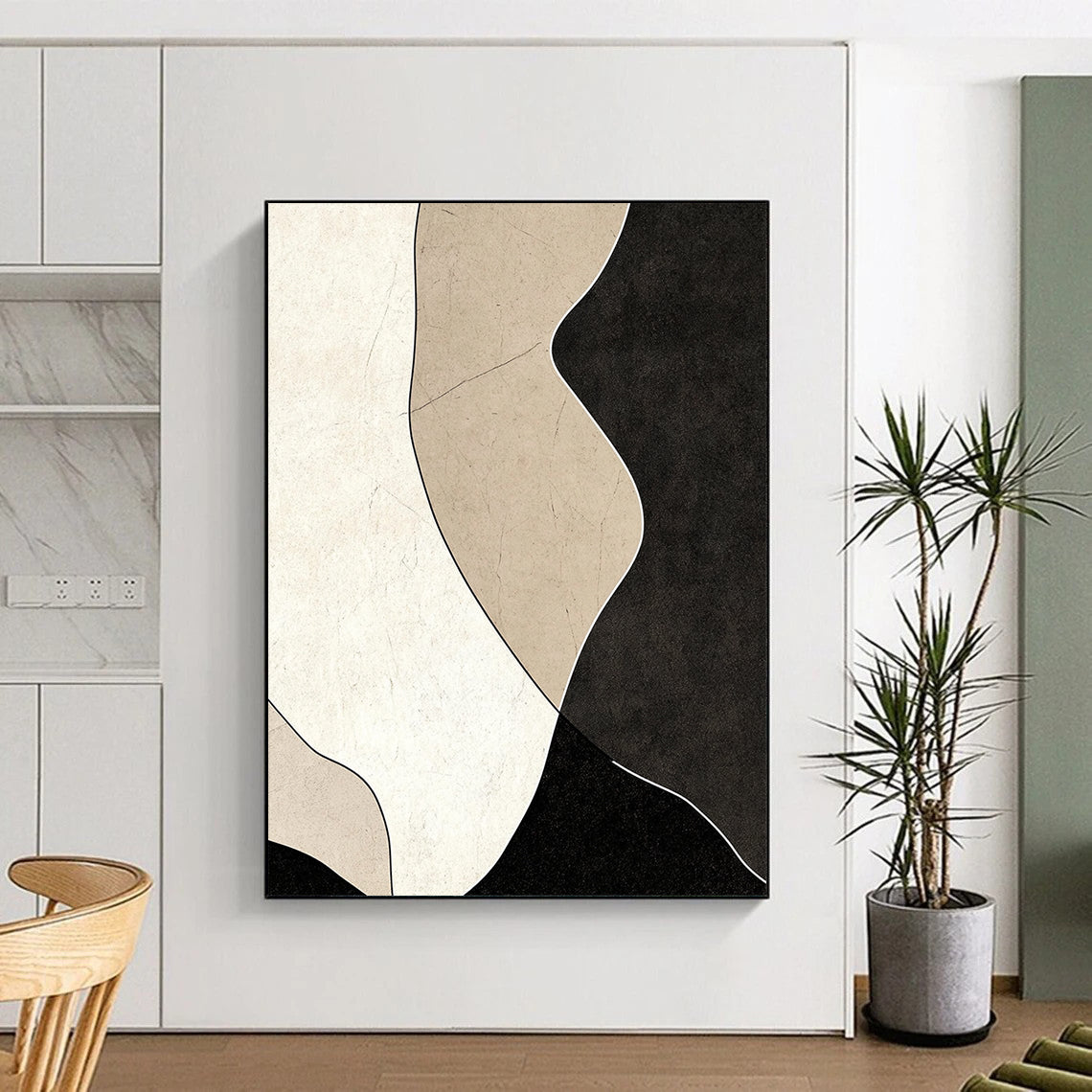 Contemporary abstract painting featuring black and beige shapes on a dark gray background with textured details and smooth curves for a modern aesthetic. DLZ1194