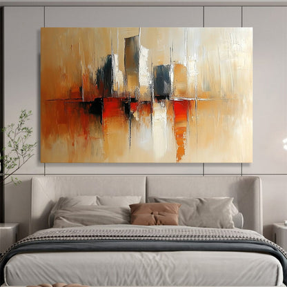 “City Silhouette in Warm Tones” - Beige, Brown, Red, Abstract Cityscape Painting On Canvas HB0966