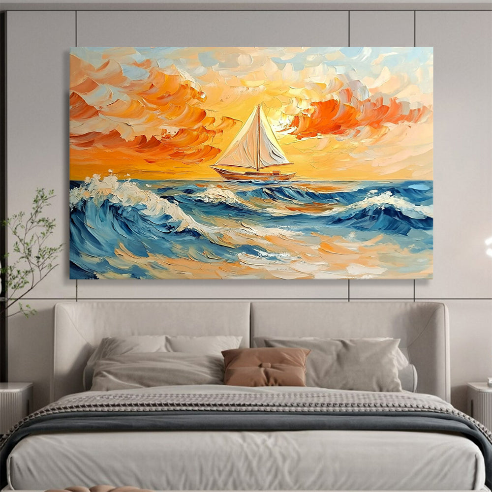 Sailboat on a Colorful Sea at Sunset - Expressive Impasto Seaside Painting On Canvas HB0445