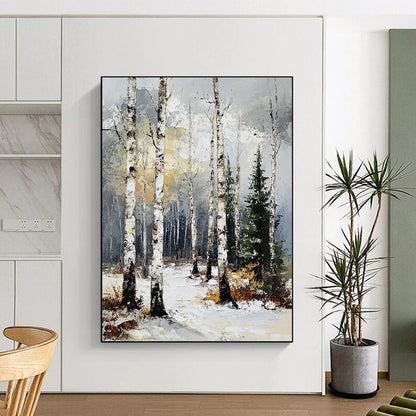 Contemporary abstract artwork featuring a birch forest in winter with textured brush strokes and a muted color palette of gray, white, and yellow. DLZ1673