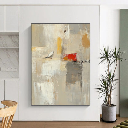 Contemporary hand-painted abstract artwork featuring large white spaces, textured brush strokes, and neutral colors highlighted with red and yellow accents. DLZ0920