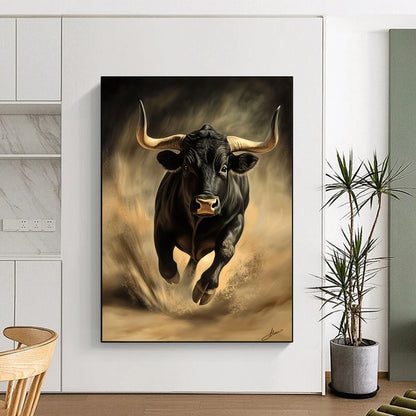 Vibrant contemporary abstract art featuring a dynamic black bull evoking energy and movement in a stunning digital painting style. DLZ1555