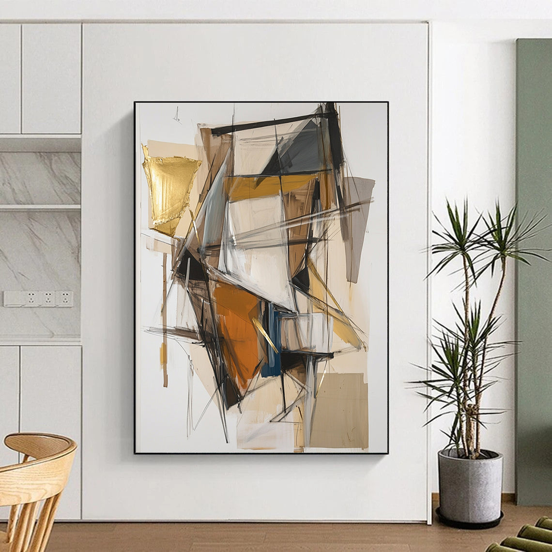 Earth - Toned Geometric Shapes with Gold Accents - “Urban Mosaic Fusion” Painting On Canvas HB201