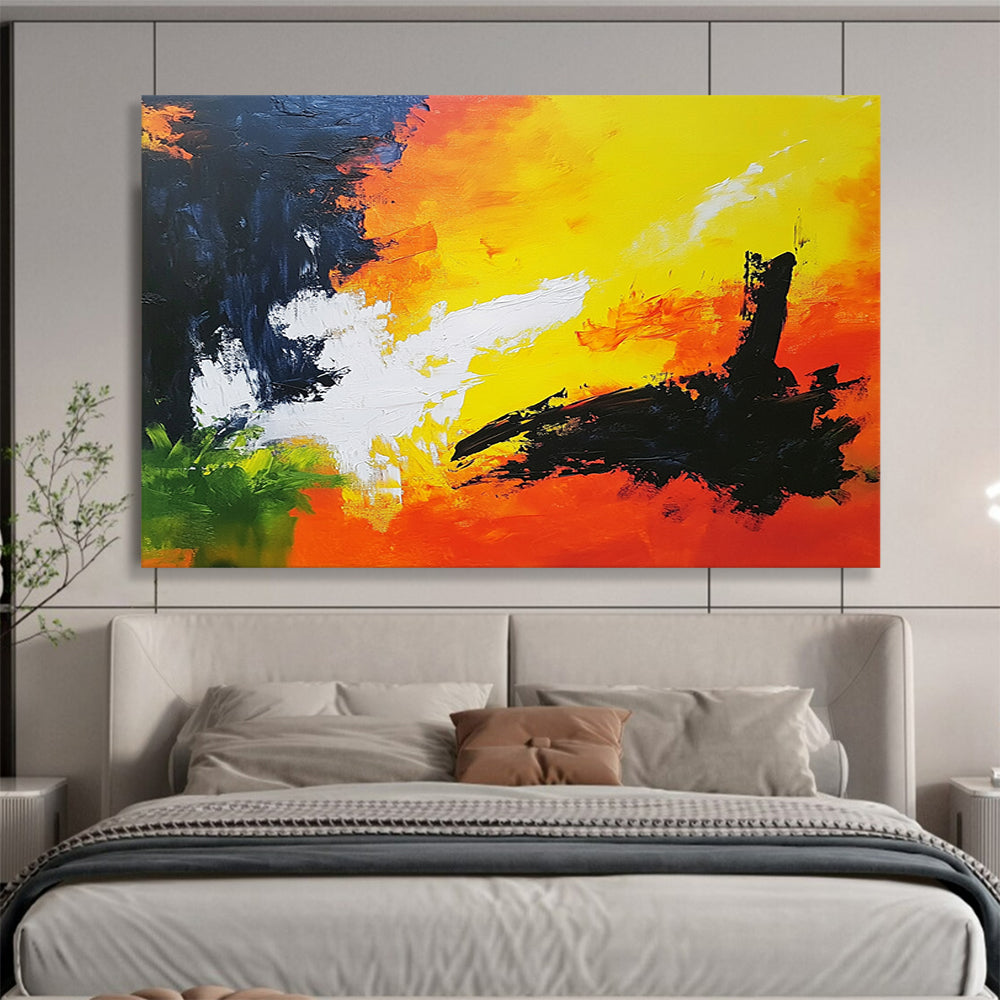 “Fiery Abstract Sky” - Yellow, Orange, Black, Green, Abstract Dramatic Sky Painting On Canvas HB1090