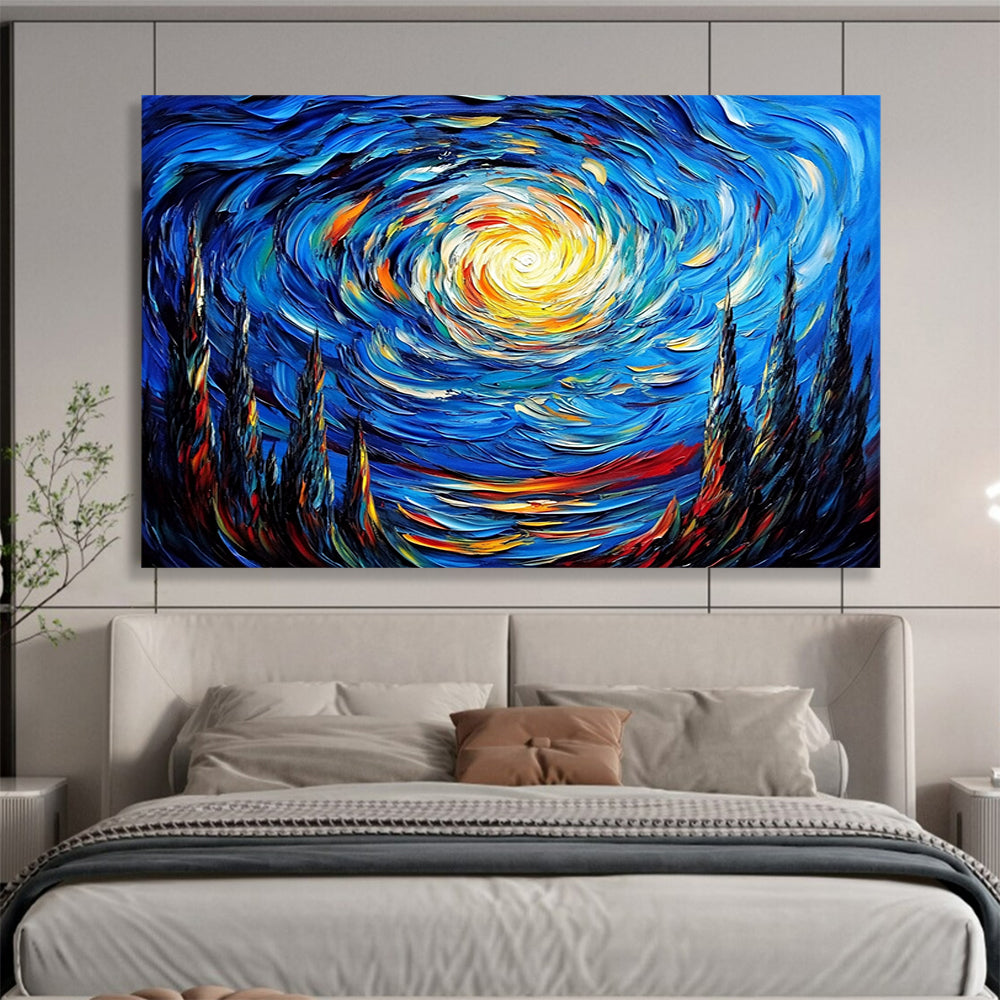 “Swirling Starry Night” - Deep Blues, Bright Yellows, Oranges, Dynamic Starry Sky - Impasto Oil Painting HB1721