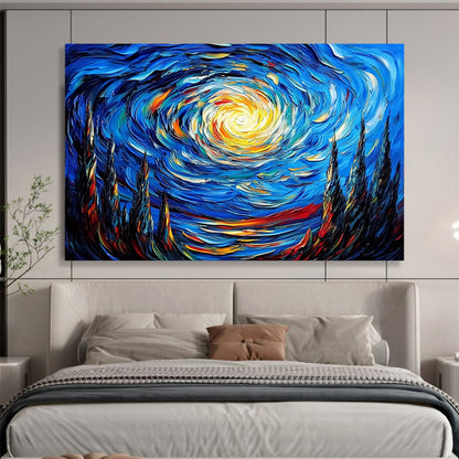 “Swirling Starry Night” - Deep Blues, Bright Yellows, Oranges, Dynamic Starry Sky - Impasto Oil Painting HB1721