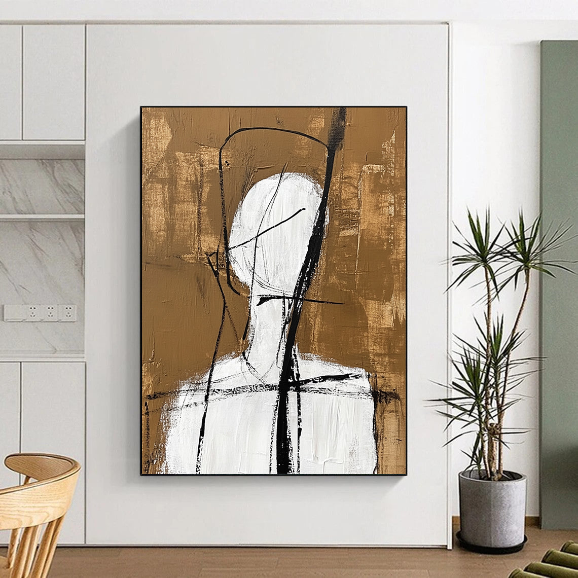 Contemporary abstract artwork featuring a simple white figure with black lines and a warm brown background inspired by Jean Cocteau's style. DLZ1463