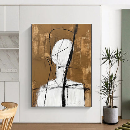 Contemporary abstract artwork featuring a simple white figure with black lines and a warm brown background inspired by Jean Cocteau's style. DLZ1463