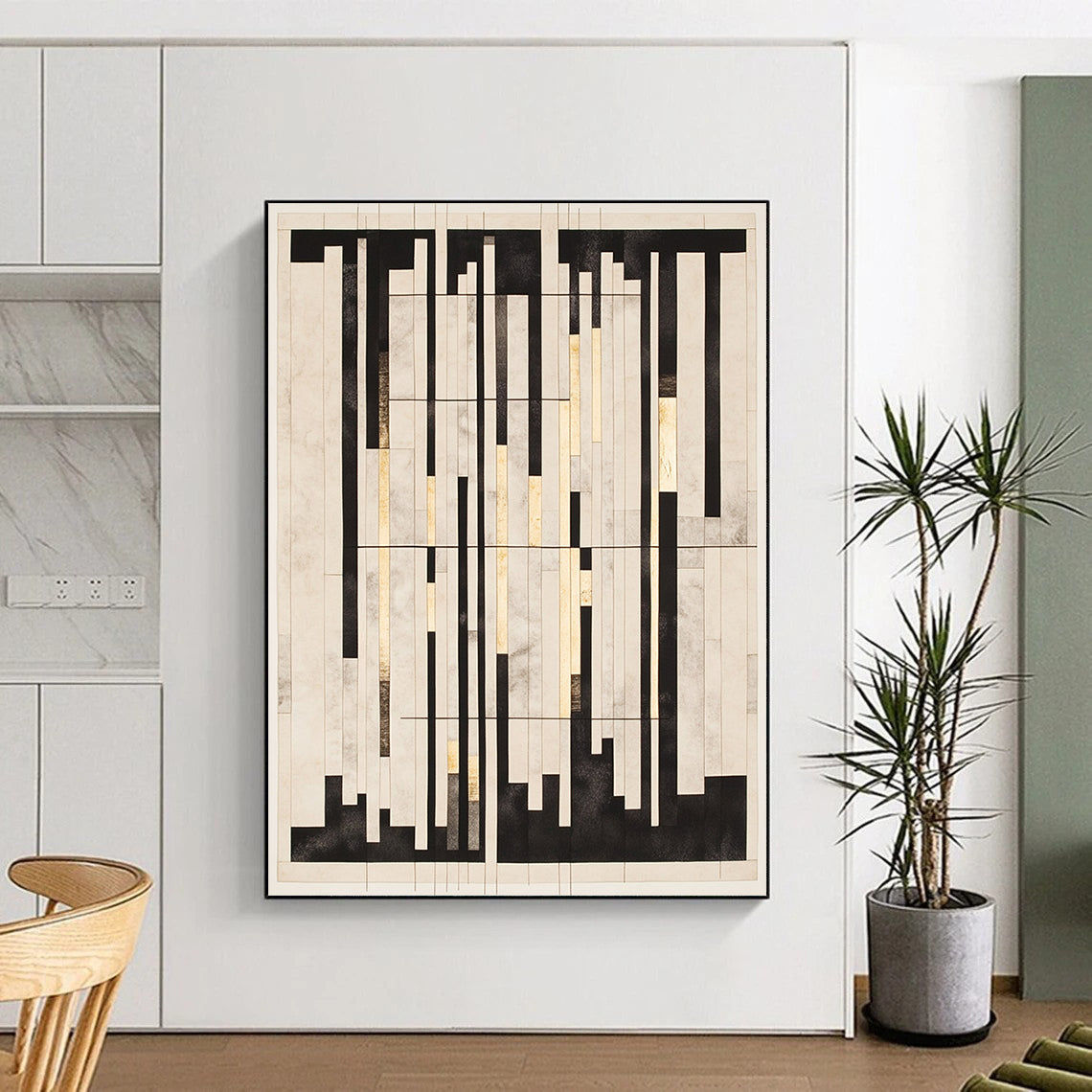 Black, White, Gray, Gold, Vertical Rectangles "Gilded Grid Symphony" Abstract Constructivist - Inspired Painting On Canvas HB121