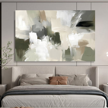 “Neutral Abstract Composition” - Beige, gray, white, green; Abstract composition with soft brushstrokes; Acrylic Painting On Canvas HB1267