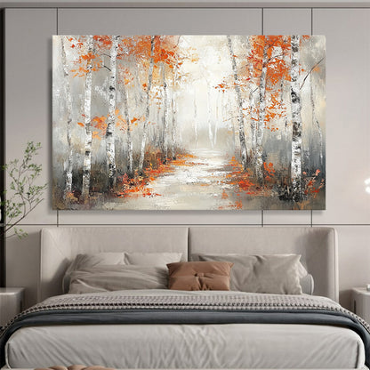 “Autumn Birch Pathway” - Orange, Gray, Birch Trees, Forest Path - Impressionist Landscape Painting HB1683