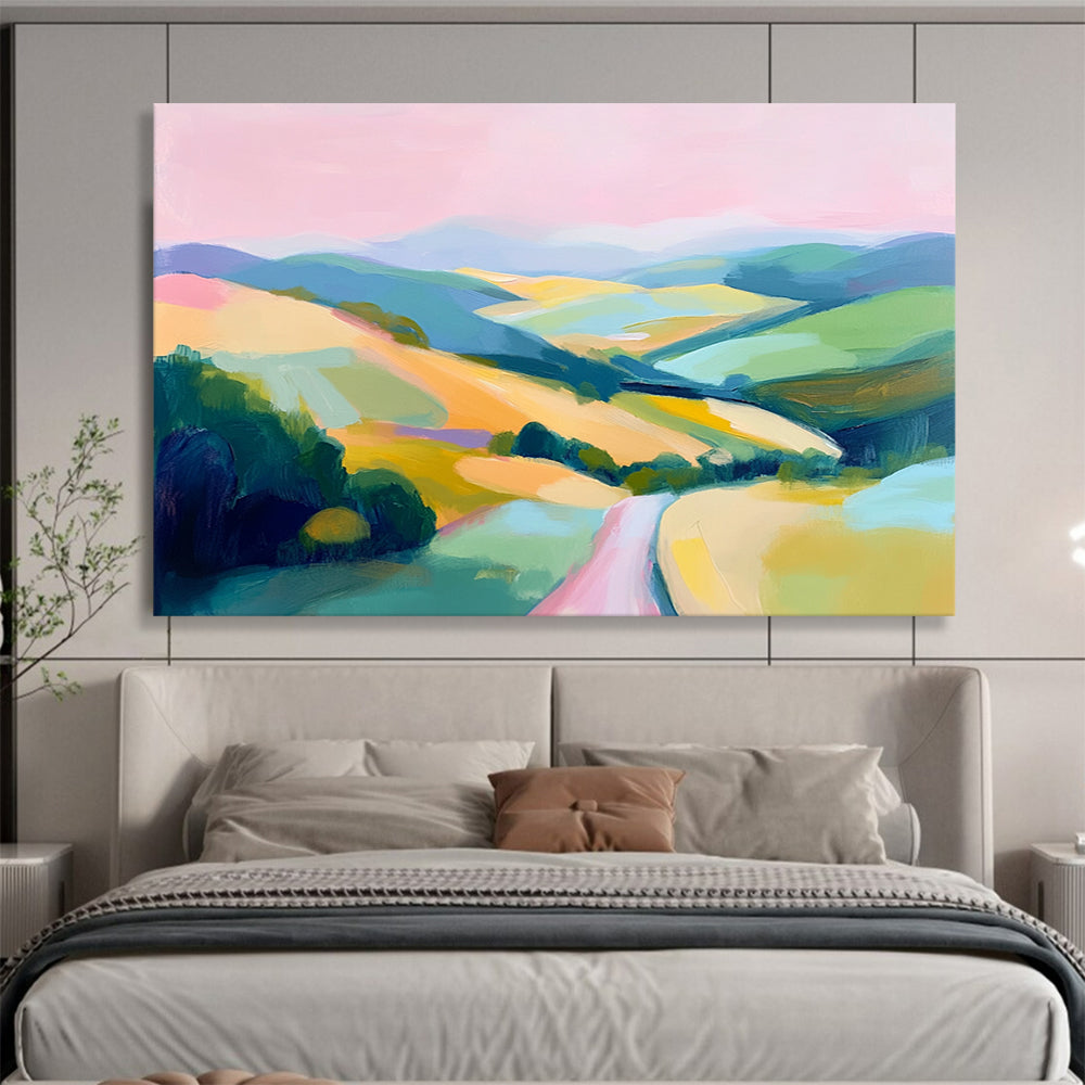 Pink, Blue, Green, Yellow and Purple Colorful Valley "Vibrant Vista" Painting On Canvas HB0673