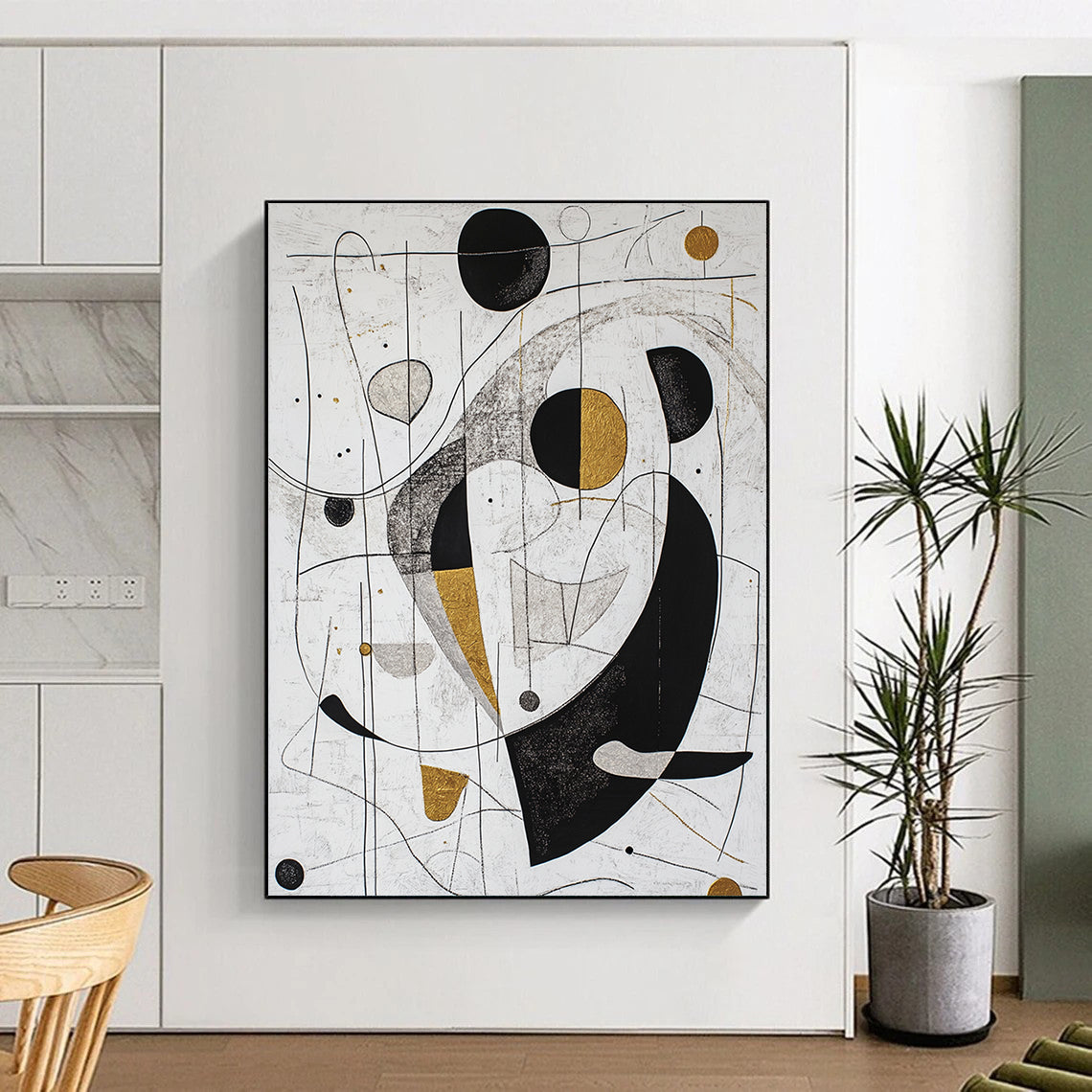 White, Black, Gold, Silver, Geometric Swirls "Gilded Geometry" Abstract Modernist Painting On Canvas HB089