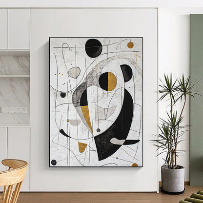 White, Black, Gold, Silver, Geometric Swirls "Gilded Geometry" Abstract Modernist Painting On Canvas HB089