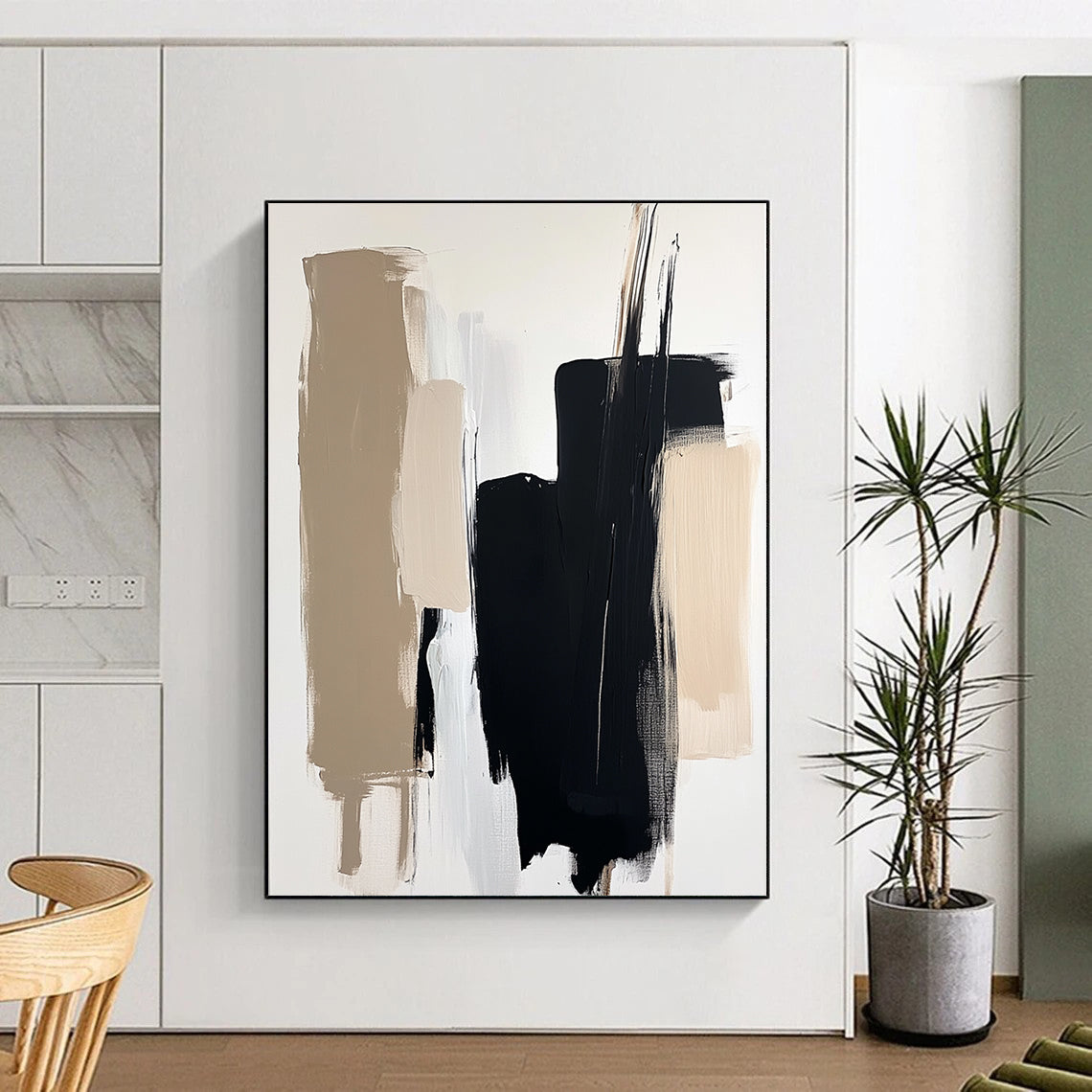 Contemporary abstract painting with minimalist composition showcasing black and beige brushstrokes on a white background featuring a blurred figure in soft lighting. DLZ0713