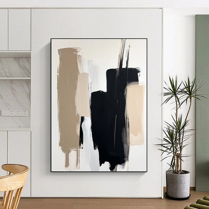 Contemporary abstract painting with minimalist composition showcasing black and beige brushstrokes on a white background featuring a blurred figure in soft lighting. DLZ0713