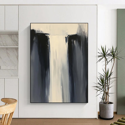 Contemporary abstract painting features minimalist composition in white and gray tones with thick brushstrokes and a tall waterfall, enhancing depth and artistic appeal. DLZ0550
