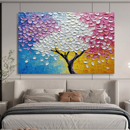“Rainbow Blossom Tree” - Vivid blues, purples, whites, pinks, yellows; Textured flower tree; Impasto Landscape Painting On Canvas HB1161