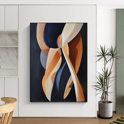 Contemporary abstract artwork featuring dynamic shapes of women's legs in motion against a dark background with light orange and navy blue accents. DLZ1668
