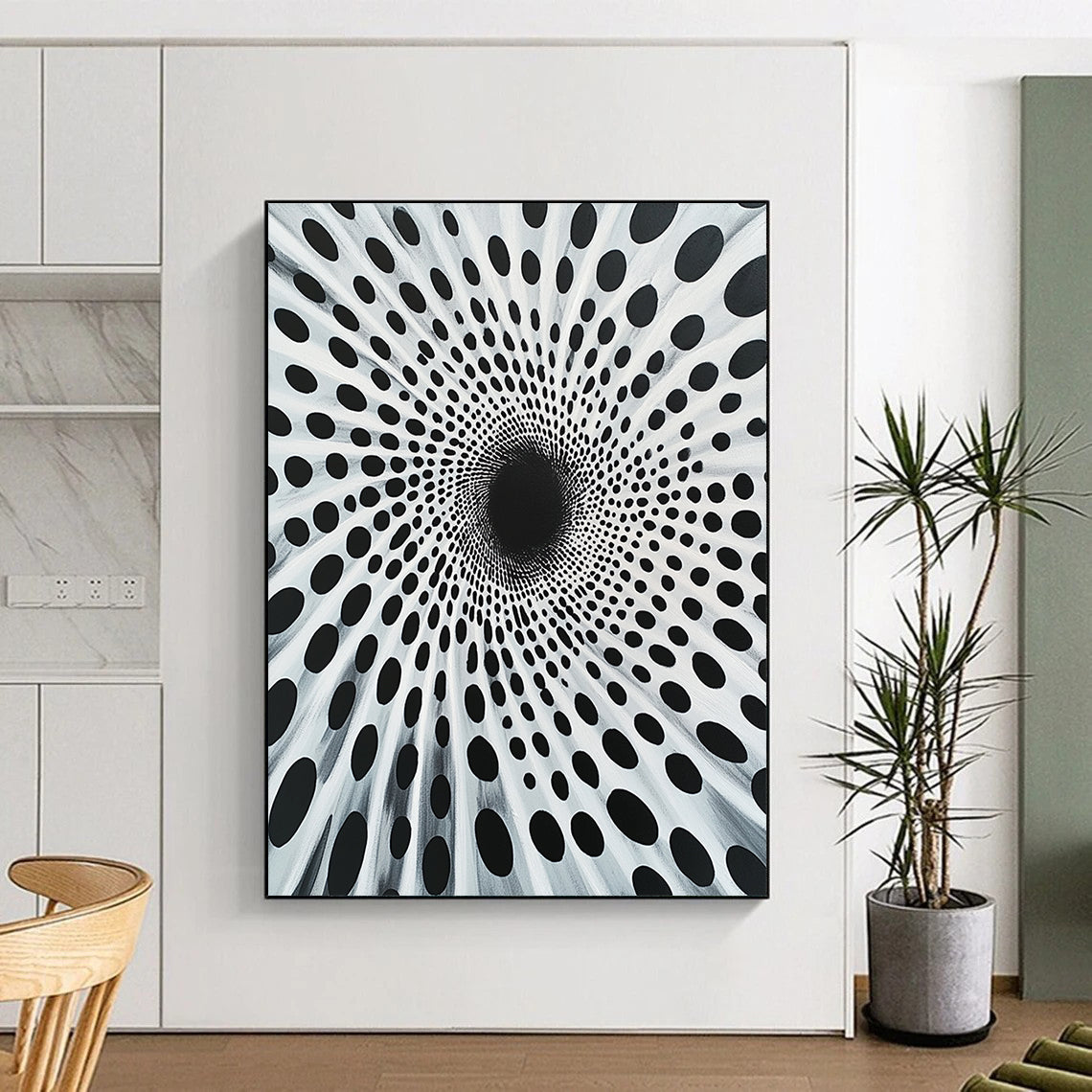 Black Dots on White Radial Pattern - “Spiral Particle Vortex” Painting On Canvas HB189