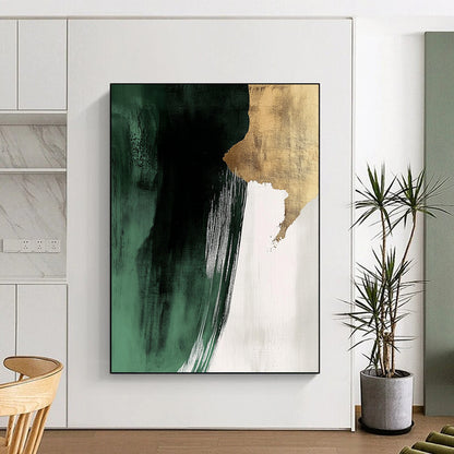 Contemporary hand-painted abstract art featuring dark green and white brushstrokes with gold foil and striking negative space in a minimalist style. DLZ1623