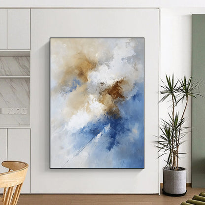Large contemporary hand-painted abstract artwork featuring fluid lines and soft edges with tranquil beige and brown clouds creating an ethereal atmosphere. DLZ0325