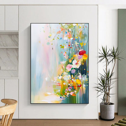 Contemporary abstract painting featuring vibrant flowers and plants in pastel colors with soft brushstrokes creating a tranquil springtime landscape. DLZ0413