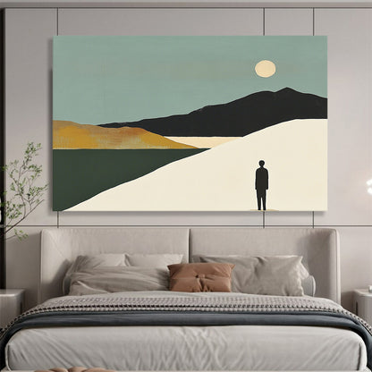 “Figure in Moonlit Landscape” - Teal sky, black mountains, white dune, Modern Landscape Painting On Canvas HB0607