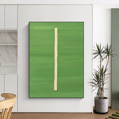 Contemporary abstract artwork featuring a vertical wooden stick against a vibrant green background in a style reminiscent of David Hockney. DLZ1301