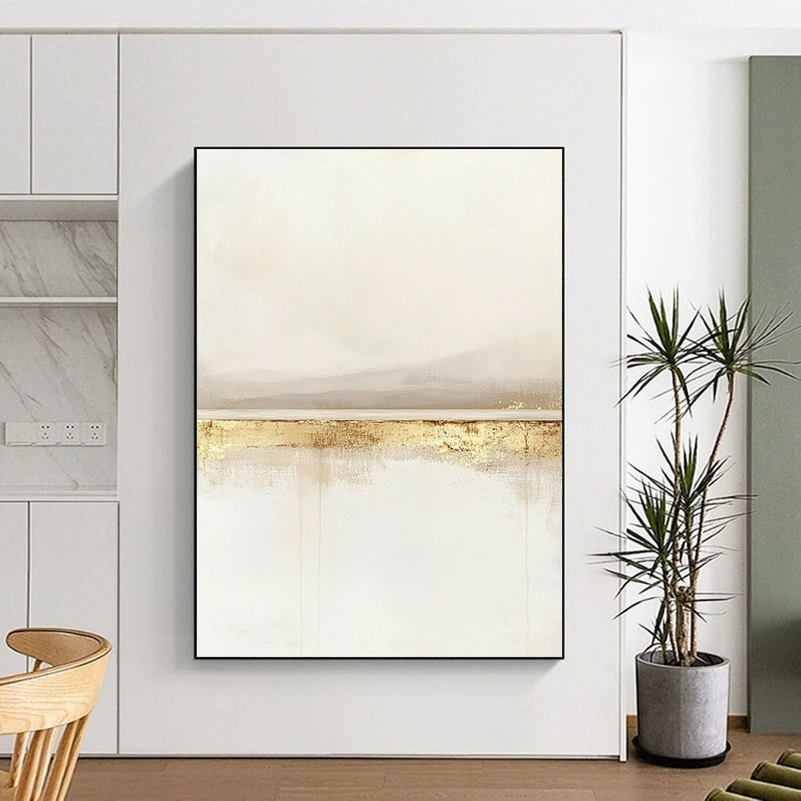 Large contemporary abstract painting featuring a serene horizon line in soft whites and beiges with subtle gold accents for a tranquil feel. DLZ1323