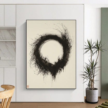 Black & Gray Textured Circular Ink - “Ethereal Enso Nest” Painting On Canvas HB246