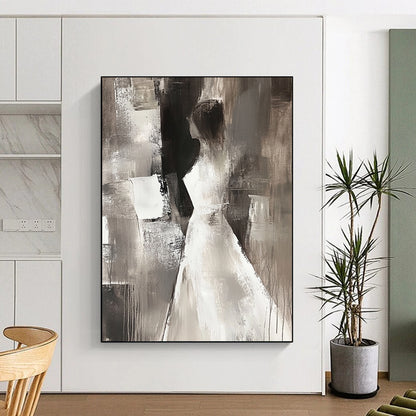 Contemporary abstract painting featuring a female figure in neutral tones, elegant brush strokes, and a mysterious atmosphere against a dark background. DLZ0668